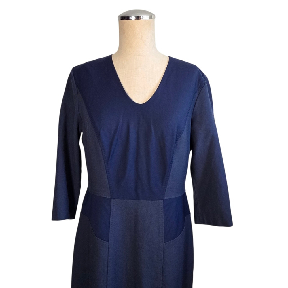 BOSS Hugo Boss Navy Wool Sheath Dress US 8 V Neck 3/4 Sleeve Career Office Midi - Picture 5 of 14